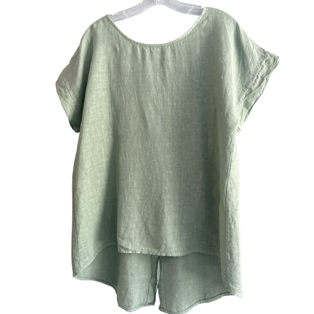 Terzo Millennio Sage Green Linen Tunic 
Coastal Button back High Low Womens Sz S